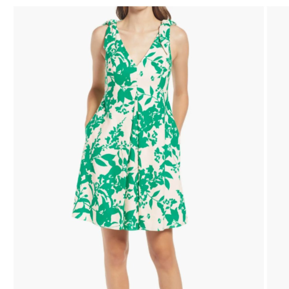 NWT Eliza J Green Floral Sleeveless Linen Blend Dress